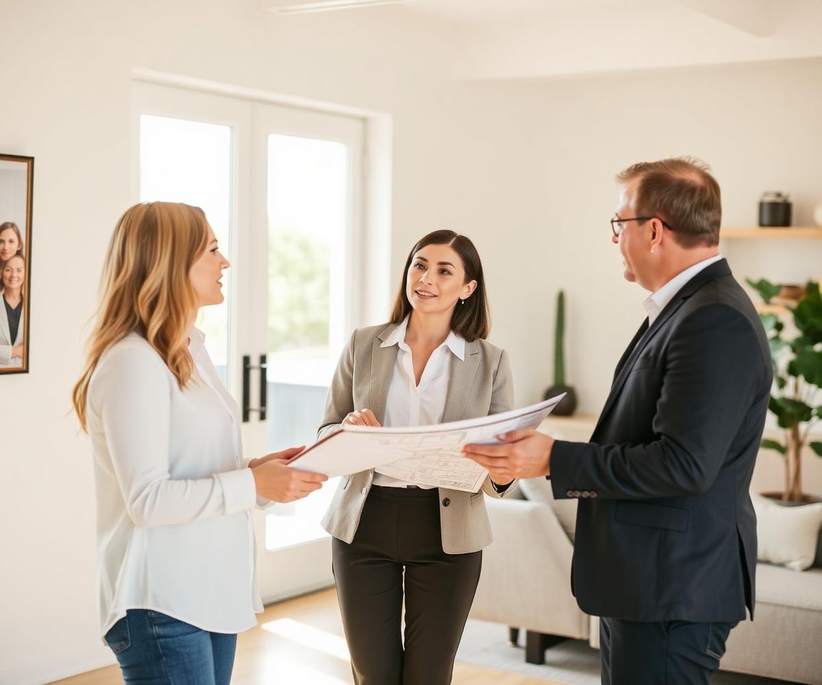 Real estate consultant reviewing property plans with clients